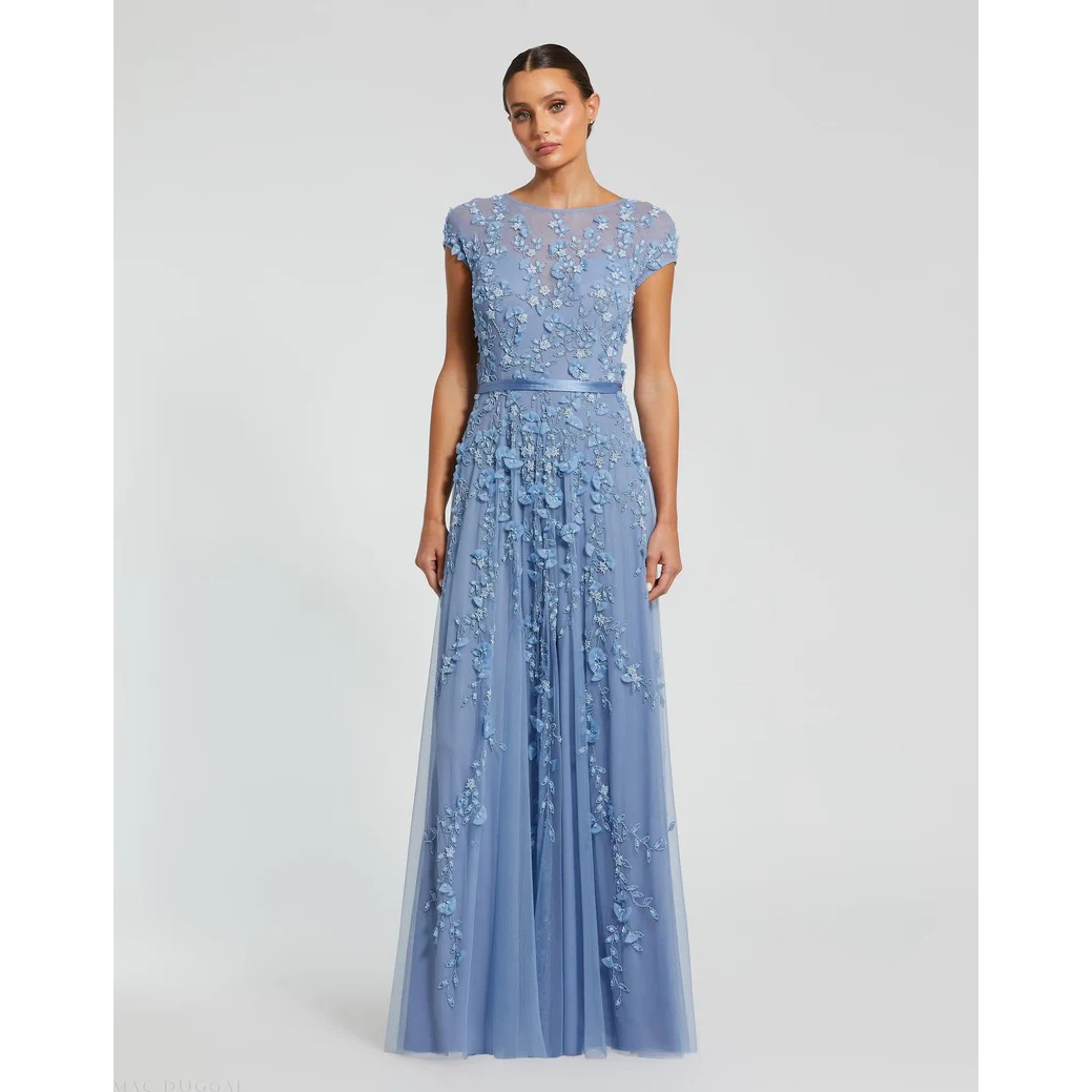 Nwt Mac Duggal [ 12 ] 14521 Floral Embellished Short Sleeve Mesh Gown Blue S2004